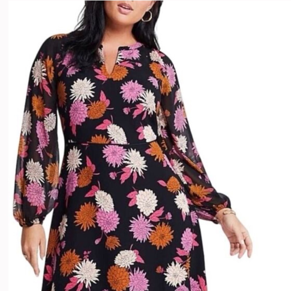 Ann Taylor Autumnal Pink and Orange Floral Chiffon Sleeve Flare Dress